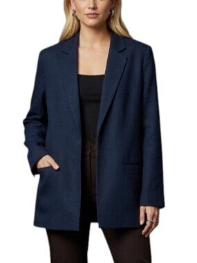 Mango Basics Women's Open Front Blazer Linen Blend Long Sleeve Blue Size Small